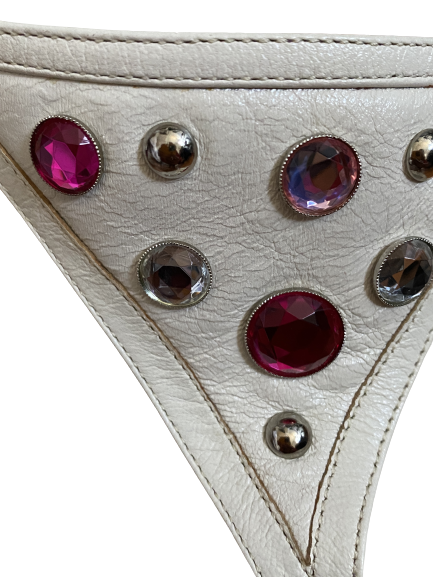 90s Style White Leather Rhinestone Studded Thong Sandal 9
