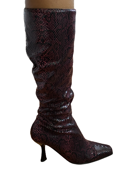 Vintage Italian Burgundy Snake Print Sock Boots 38