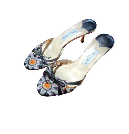 Green Groovy Print Satin Sandals 38.5 (38)