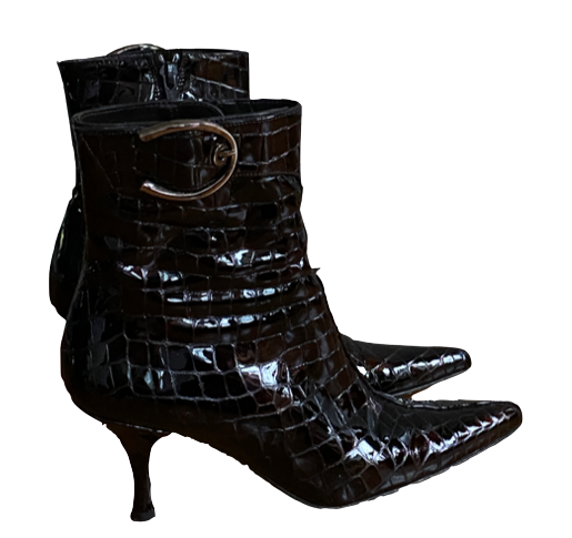 Croc-Embossed Buckle Ankle Boots 7.5 (7)
