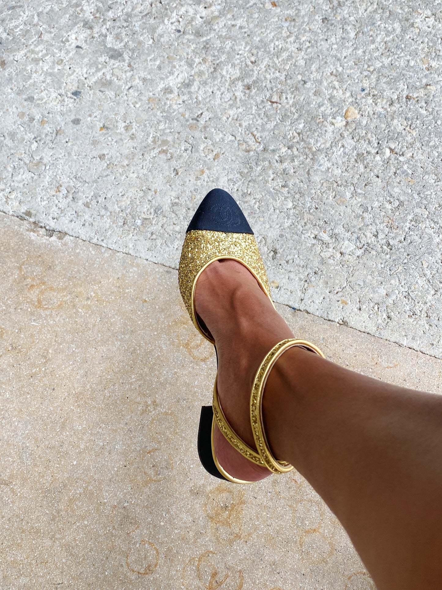 Golden Girl Glitter Cap-Toe Ankle-Wrap Flats 38C (7/7.5)