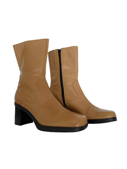 Tan Square-Toe Block Heeled Boots 8.5/9
