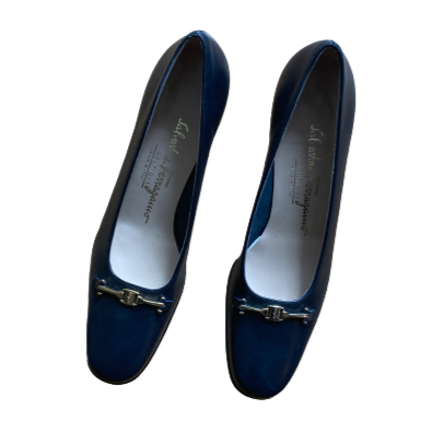 Navy Leather Logo Plaque Heeled Loafers 7 (6.5/7)