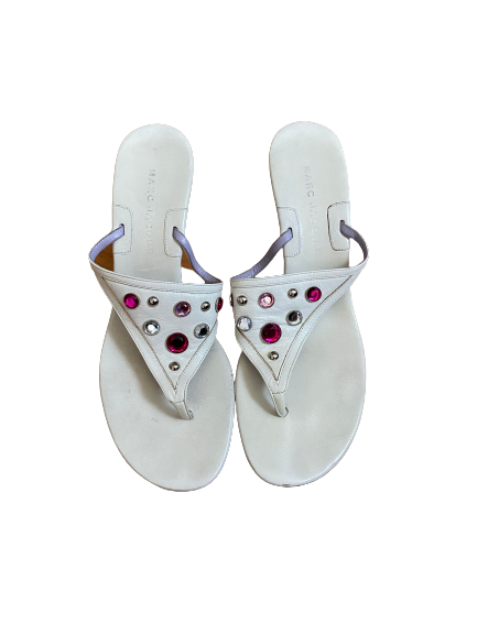 90s Style White Leather Rhinestone Studded Thong Sandal 9