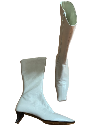 Vintage Calf-High White Leather Square Toe Boots 35 (5/5.5)