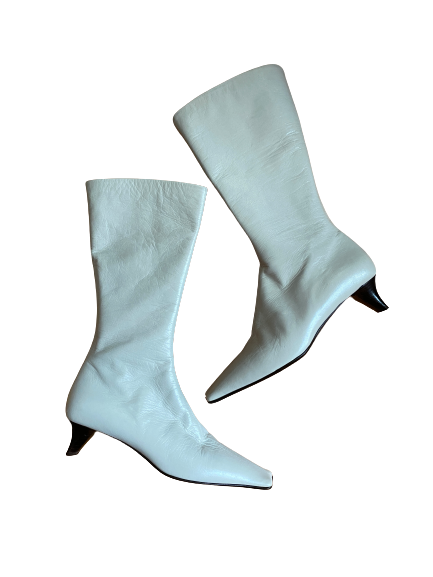 Vintage Calf-High White Leather Square Toe Boots 35 (5/5.5)